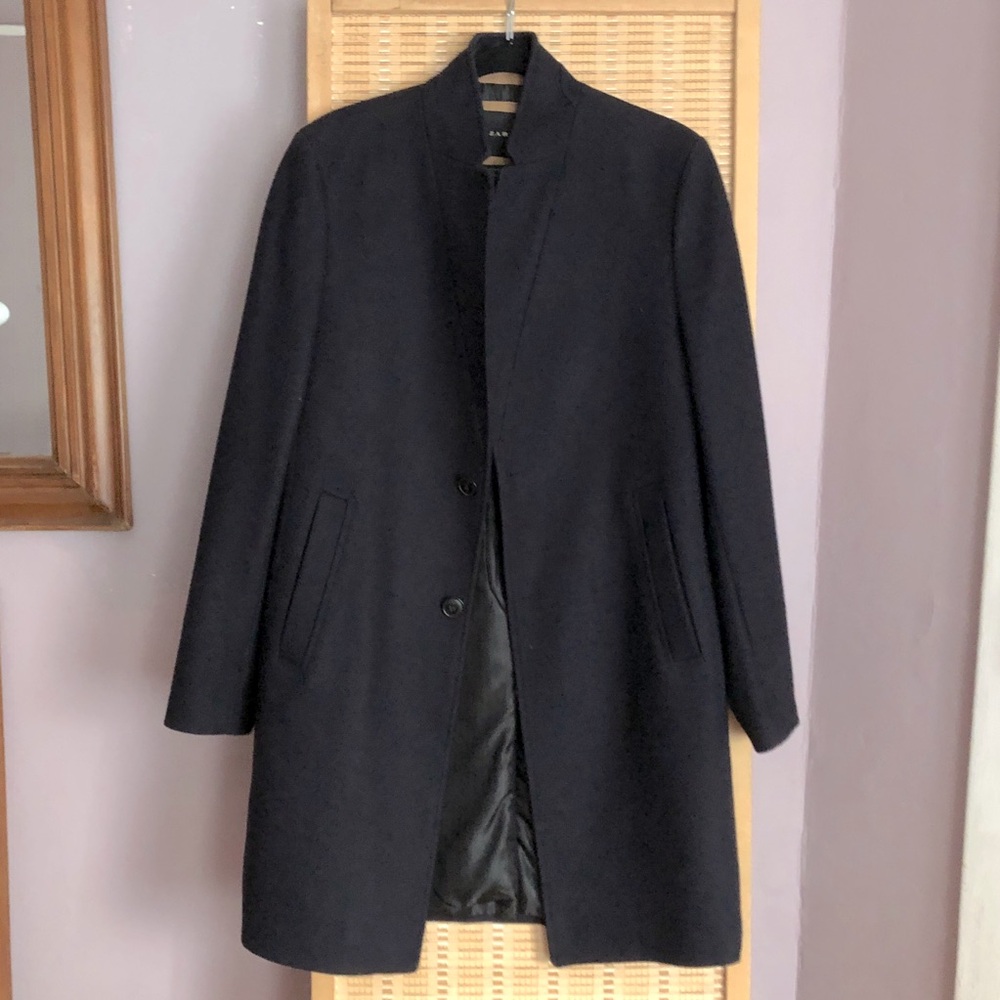 Zara Manteco Coat Wool Black Straight Slimming Modern Minimal sz XL 8680/744